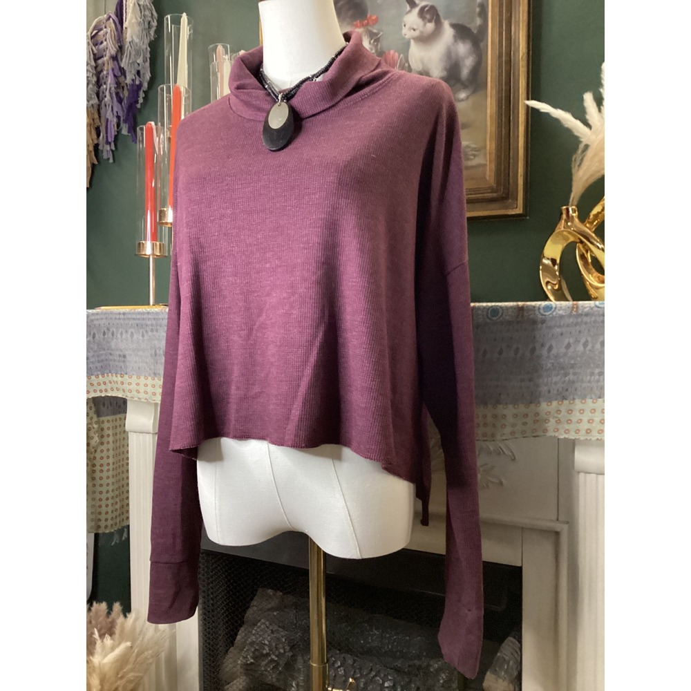 American Eagle Womens Small Plum Waffle Knit Cowl Neck Cropped Top Sweater